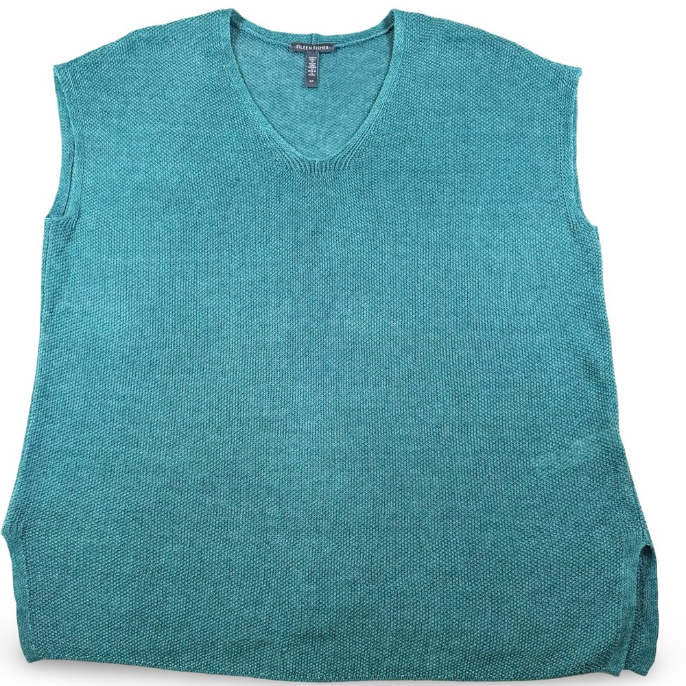 Eileen Fisher Organic Linen V-Neck Sleeveless Sweater Top Teal Green Small S21